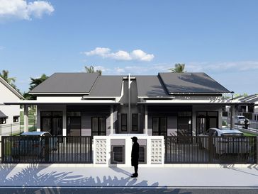 Modern duplex house with two cars parked inside gated driveways under a clear sky.