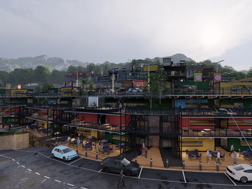 Modern multi-level container complex with outdoor seating and parking, set against a mountainous backdrop.