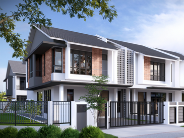 Modern two-story townhouses with sleek design and fenced yards.