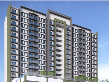 Modern high-rise residential building named Saujana with greenery and parking.