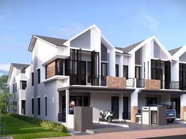 Modern white townhouses with balconies and parking spaces in a peaceful neighborhood.