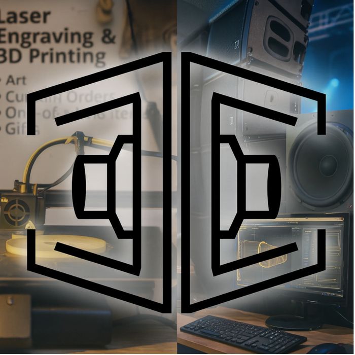 company log0 with art engraving and sound engineering in the back ground. 