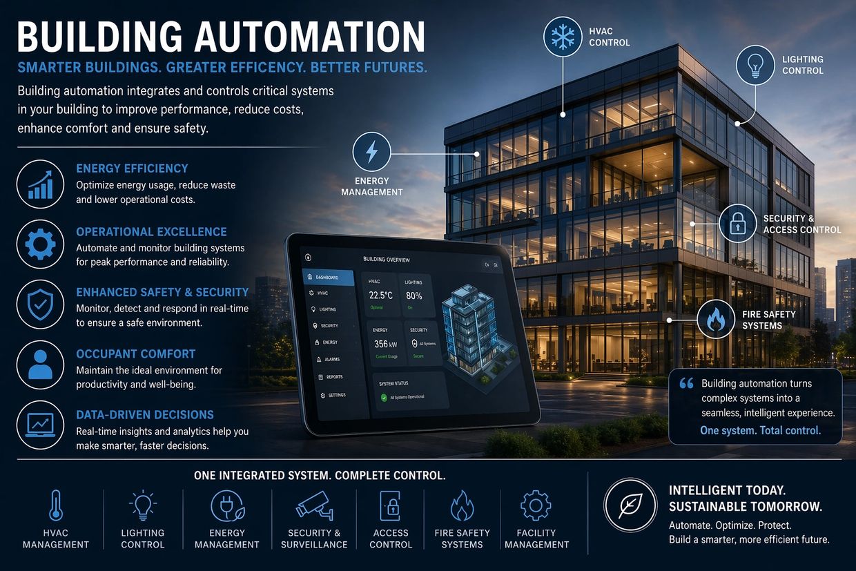 Building automation improves efficiency, safety, and comfort in smart buildings through integrated control systems.