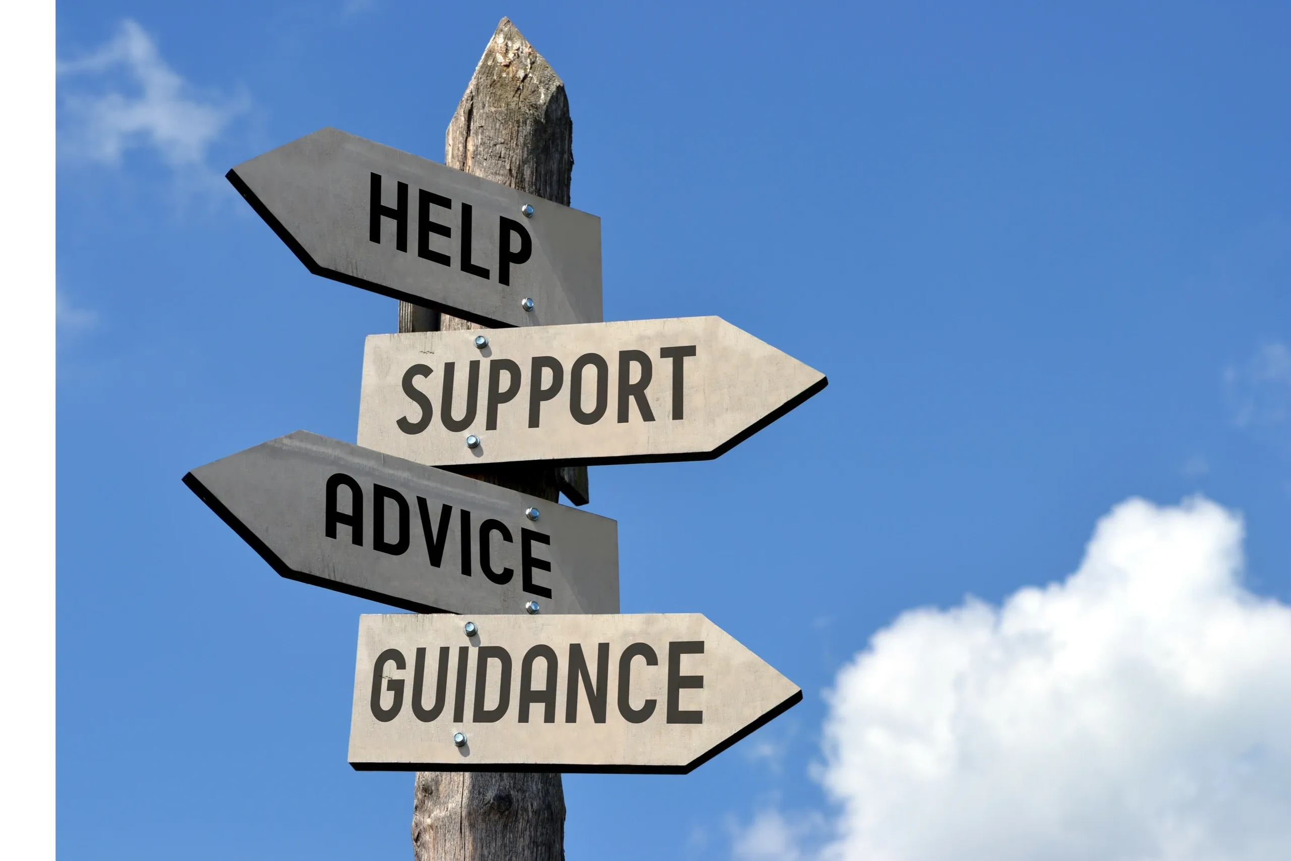 signpost with directions pointing to help, support, advice and guidance.