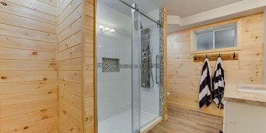 Bathroom remodel, new shower install, Flooring, and shiplap wood walls