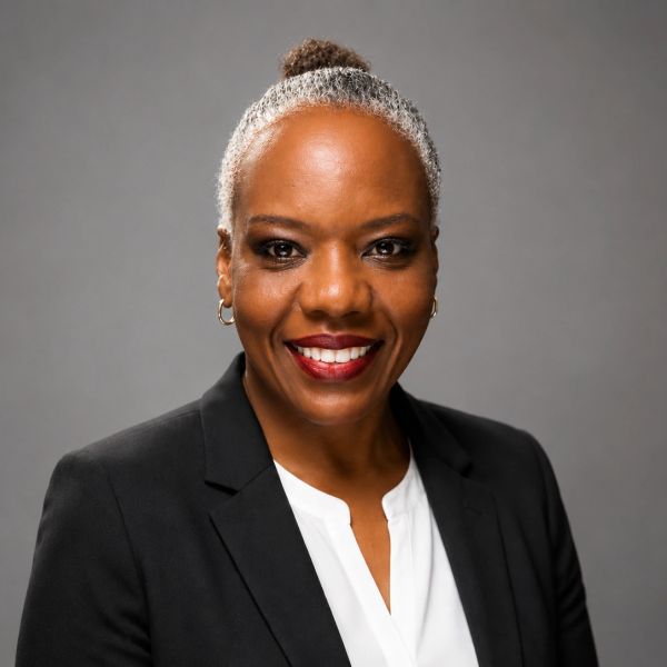 Professional woman smiling in black blazer.