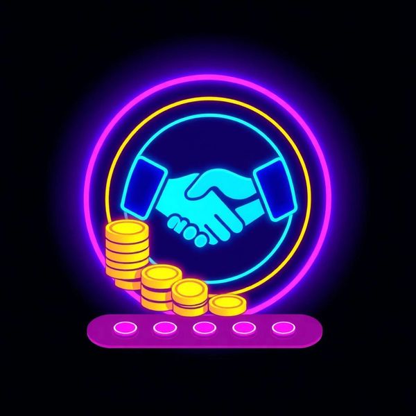 Neon handshake symbol with stacks of coins representing financial agreement.
