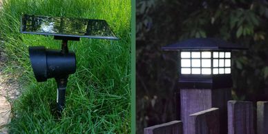 A photo of a Shade Solar spotlight and a fence-top light.