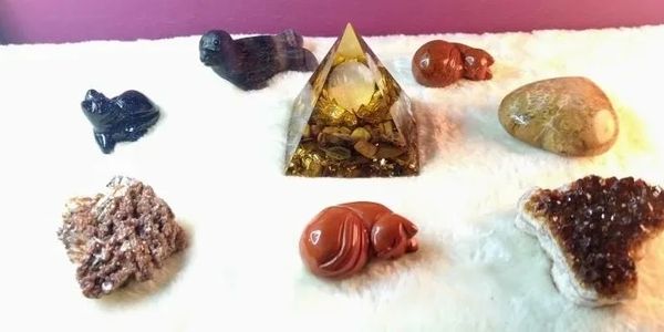 Orgone Pyramid, Cat, Seal, Crazy Lace Agate, Lily, Tiger's Eye