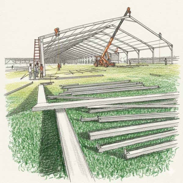 Workers assembling a large metal framework on a grassy field with a crane.