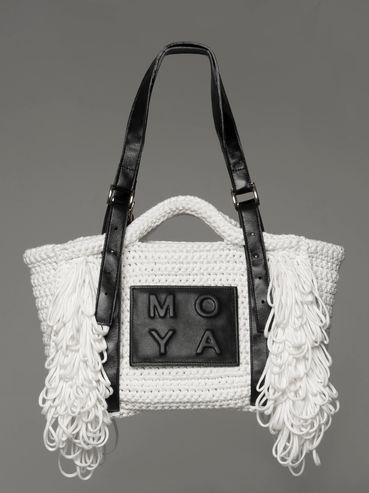 crochet handbag , leather straps , crochet production 