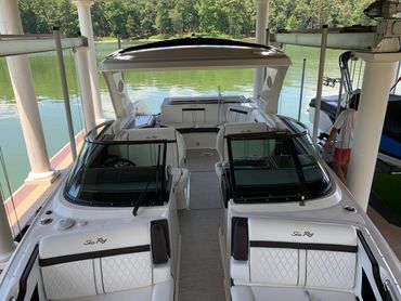 Quick wash and vinyl protectant applied to boat at a private dock in Knoxville, TN