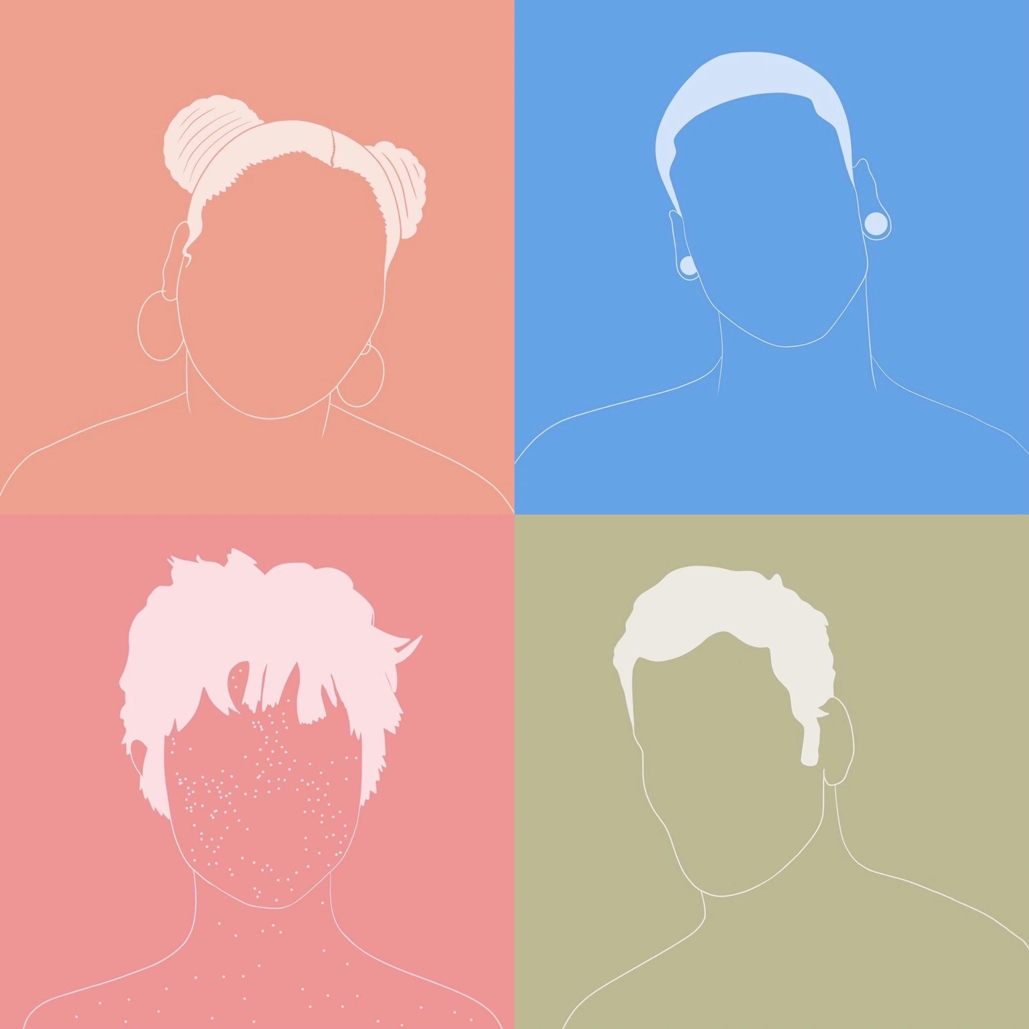 4 squares, with illustrated outlines of 4 different people. Each square is a different colour.