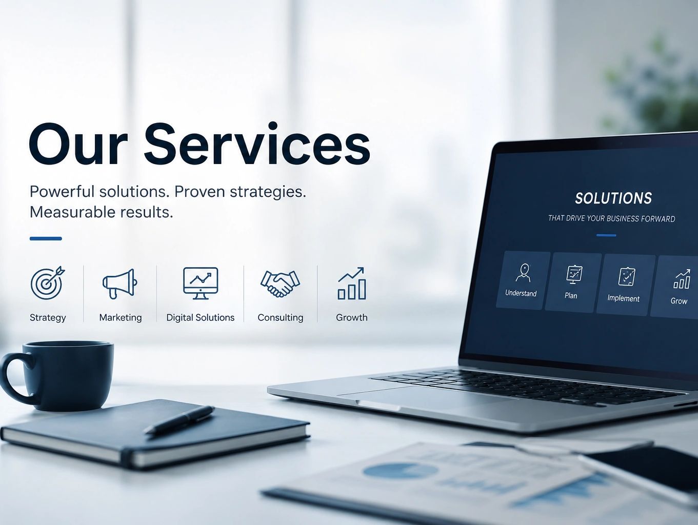 Business services presentation with laptop and office desk.