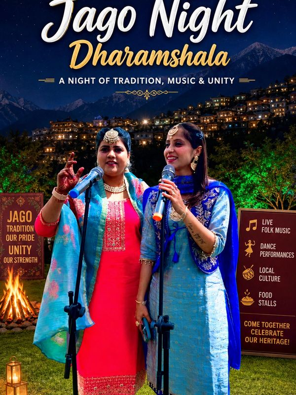 Two women in traditional attire singing at Jago Night in Dharamshala.