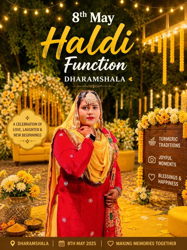 A woman dressed in red and yellow at a decorated Haldi function venue.