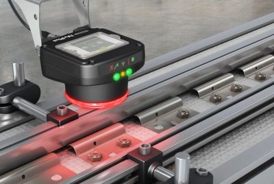 Automated quality inspection device scanning metal parts on an assembly line.