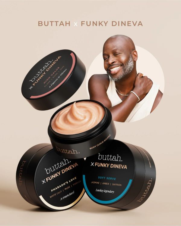 Buttah x Funky Dineva collaboration body cloud soufflés with a happy man applying product.