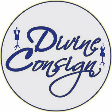 Logo of Divine Consign with dress mannequins.