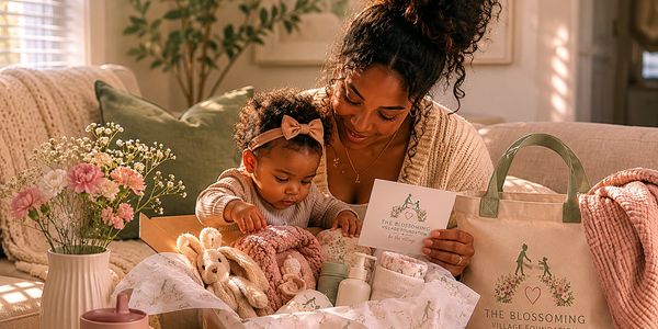 Mother and baby exploring a gift basket filled with comforting items.