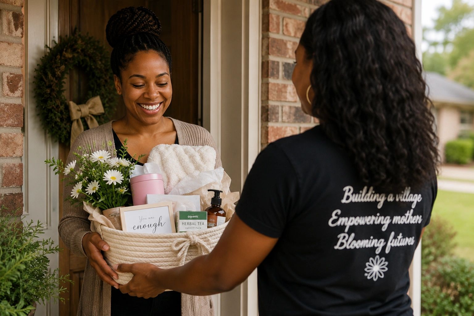 Woman receiving a gift basket with flowers and self-care items at her door.