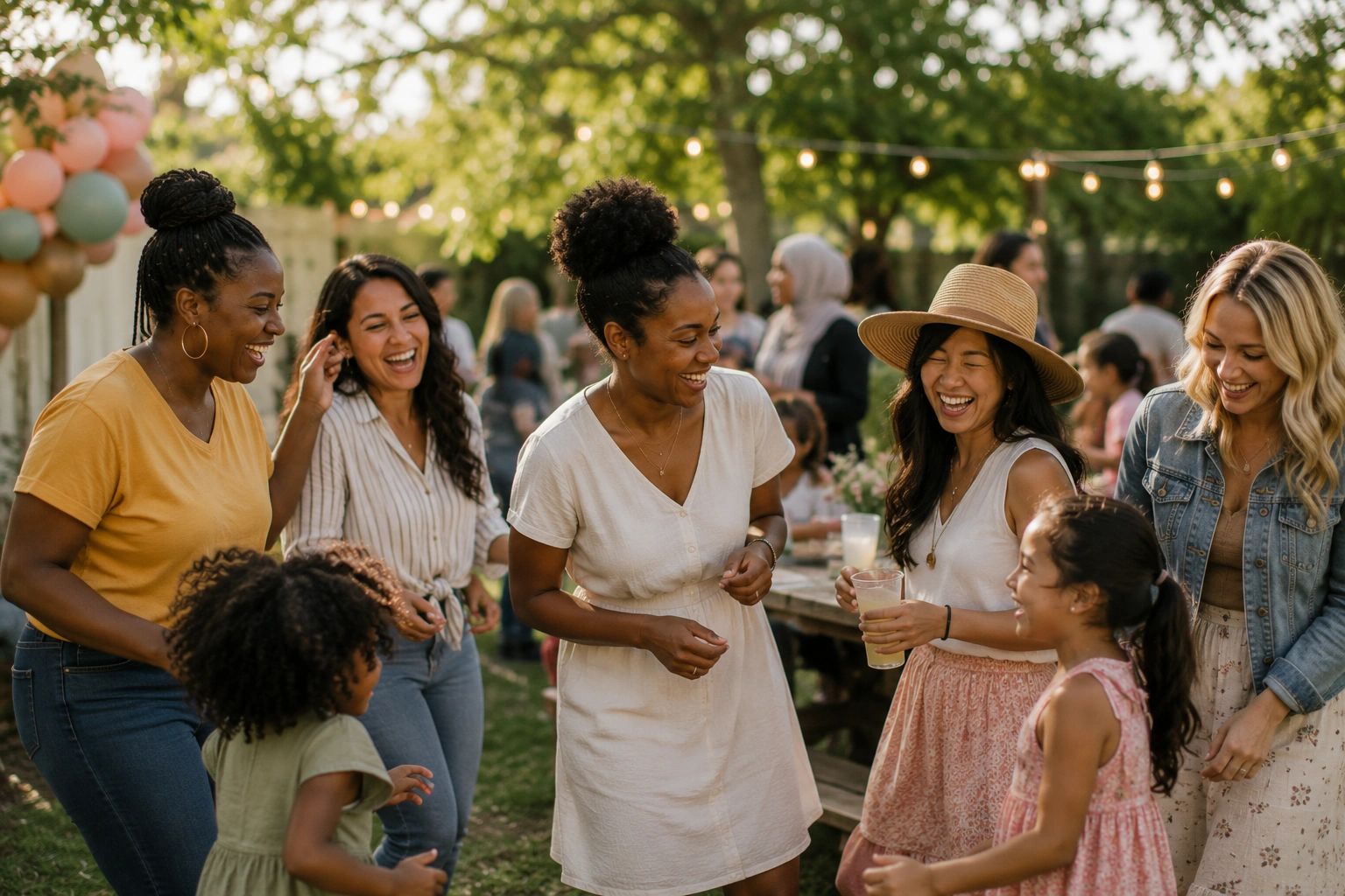 Group of women and children laughing and enjoying an outdoor gathering.