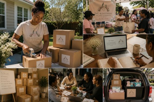 Community members organize and distribute care packages for a charitable foundation event.