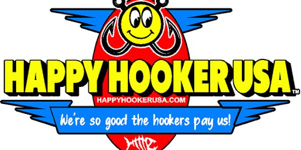 Colorful logo for Happy Hooker USA with a smiling hook character.