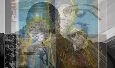 Overlay of a classical religious painting and a modern black-and-white photo.