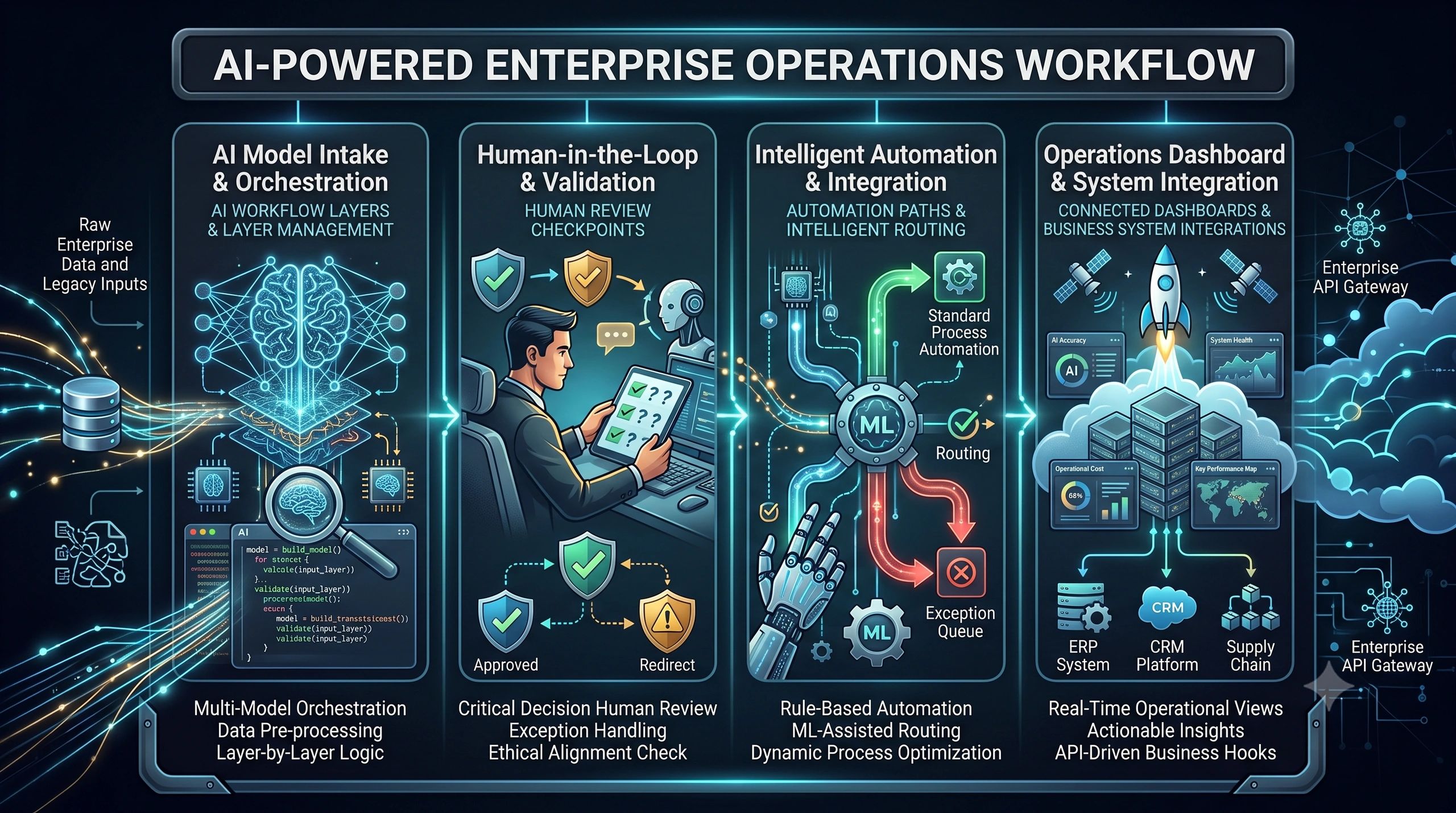 AI-powered enterprise operations workflow from model intake to system integration.