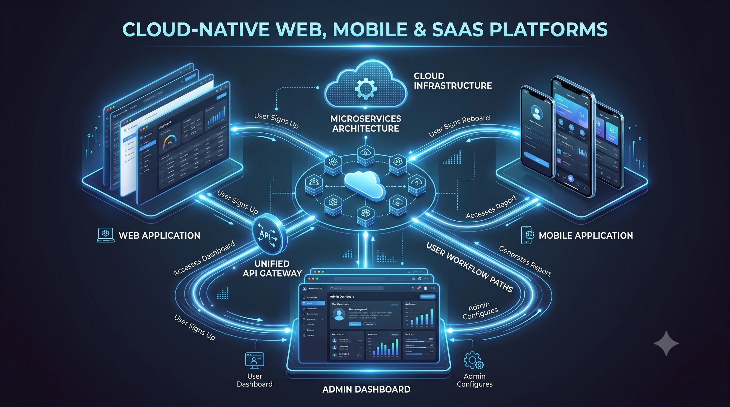 Diagram of cloud-native web, mobile, and SaaS platforms.