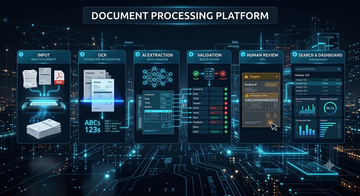 Flowchart of a document processing platform with OCR and AI extraction.
