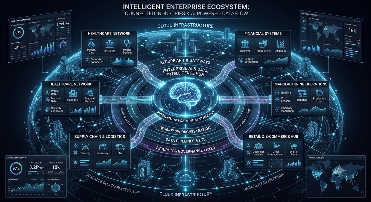 Diagram of an intelligent enterprise ecosystem with connected industries and AI-powered dataflow.