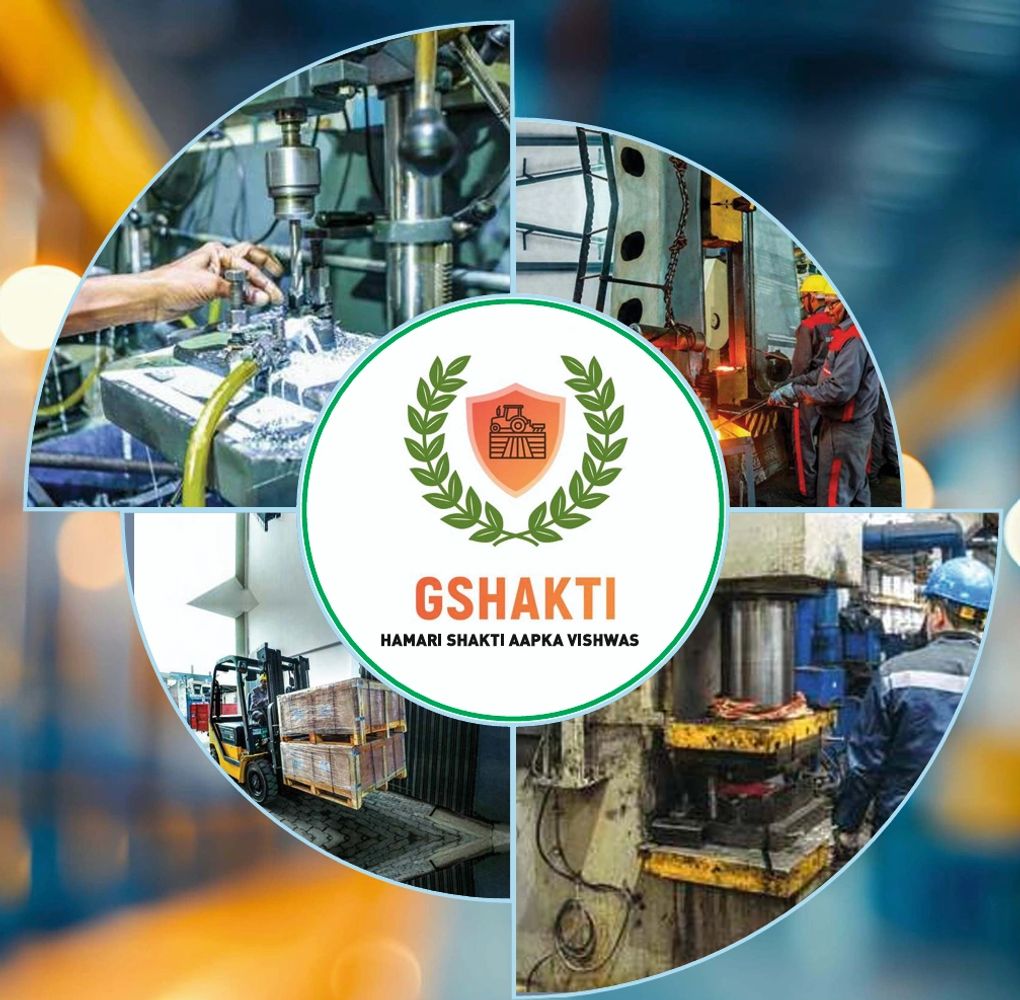 GShakti logo surrounded by four industrial work images.