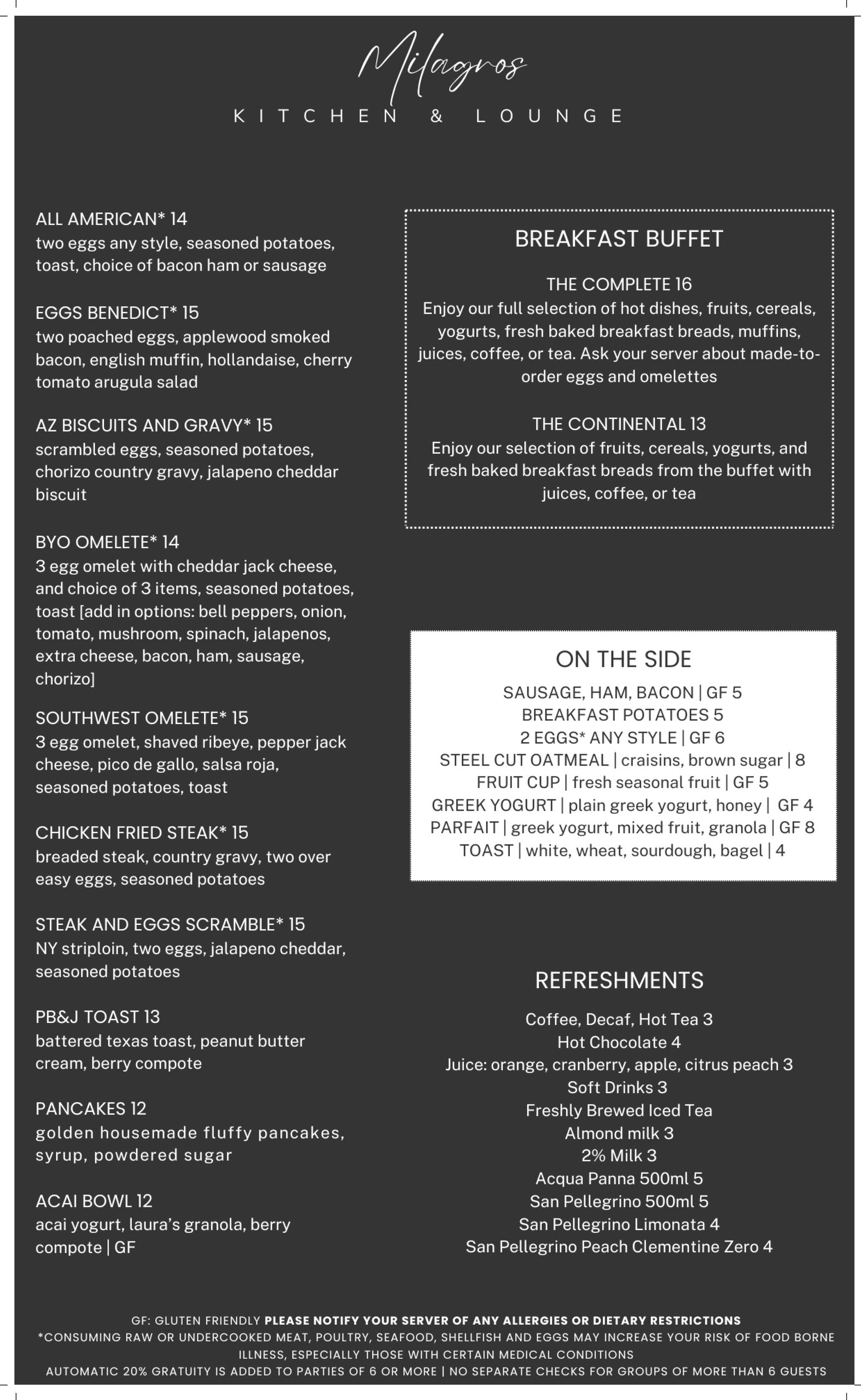 Milagros Kitchen &amp; Lounge breakfast menu with omelets, biscuits, pancakes, and breakfast buffet options.