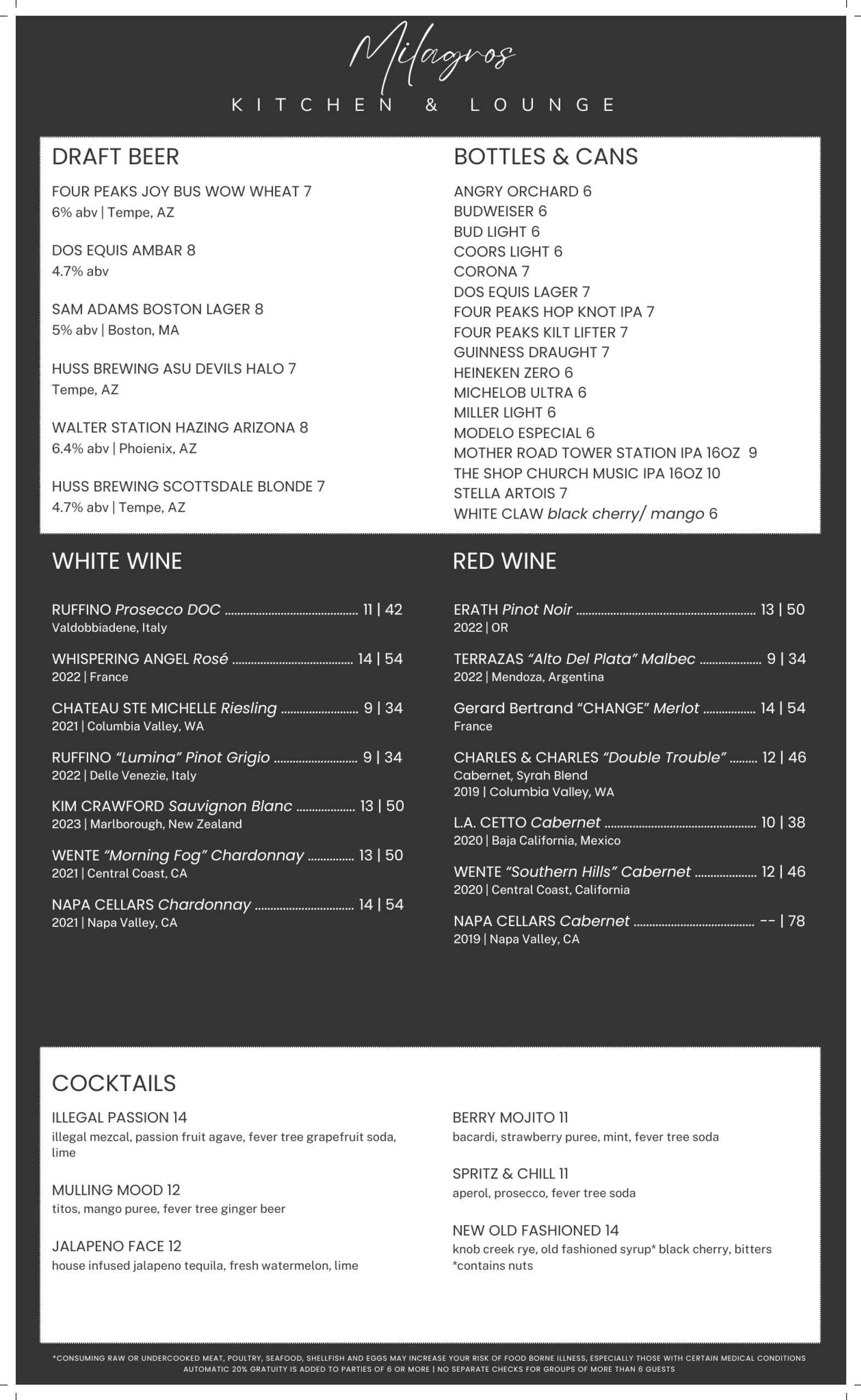 Milagros Kitchen &amp; Lounge menu featuring draft beers, bottled drinks, wines, and cocktails.