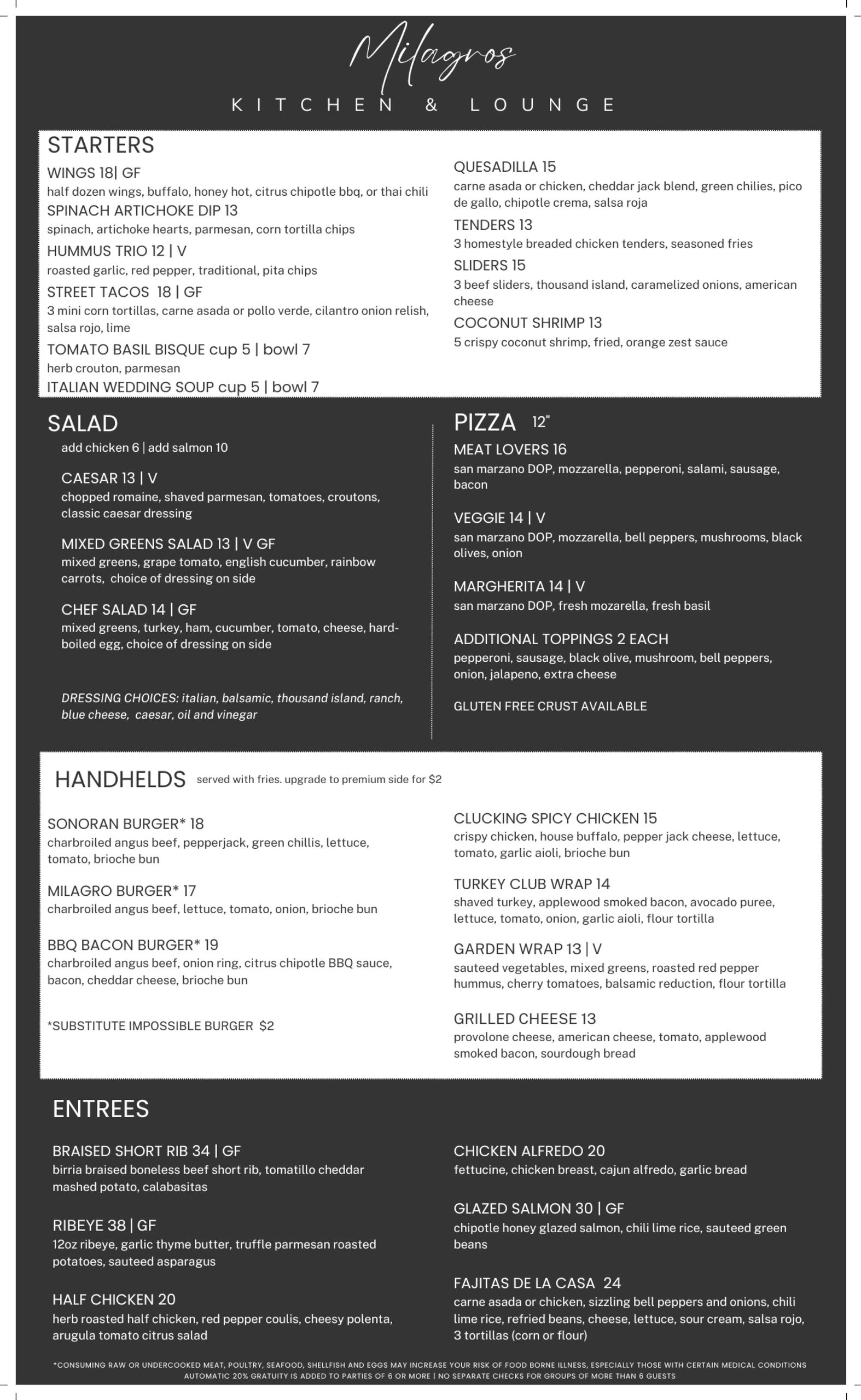 Milagros Kitchen &amp; Lounge menu featuring starters, salads, pizzas, handhelds, and entrees with gluten-free and vegetarian options.
