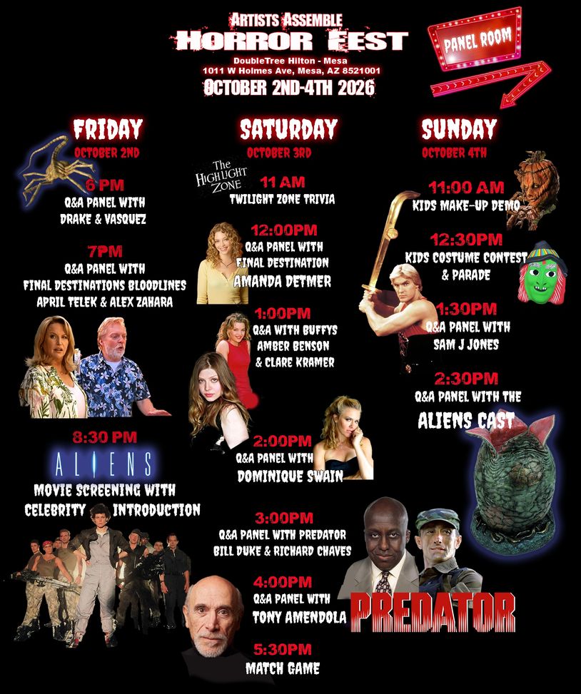 Artists Assemble Horror Fest schedule from October 2-4, 2026 in Mesa, AZ.