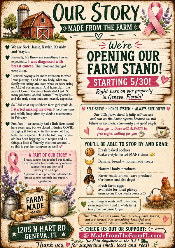 A farm family's story and announcement of their self-serve farm stand opening in Geneva, Florida.