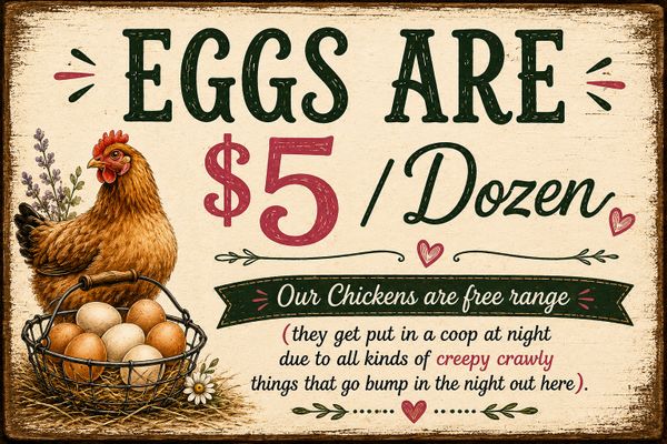 Vintage sign advertising $5 per dozen eggs from free-range chickens.
