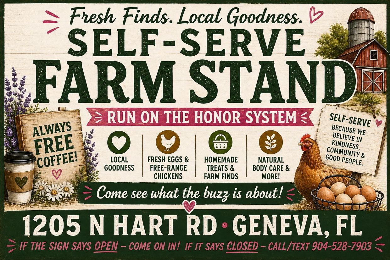 Self-serve farm stand with fresh eggs, free coffee, and local goodness on the honor system.