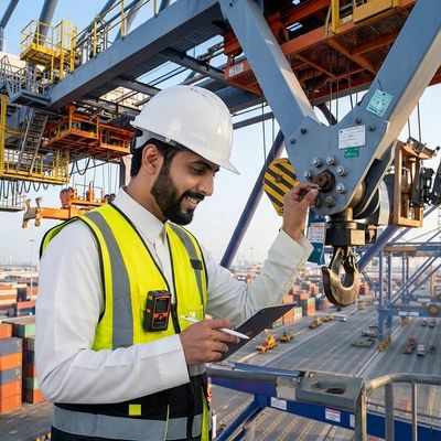 Engineer inspecting crane hook at a busy shipping port.