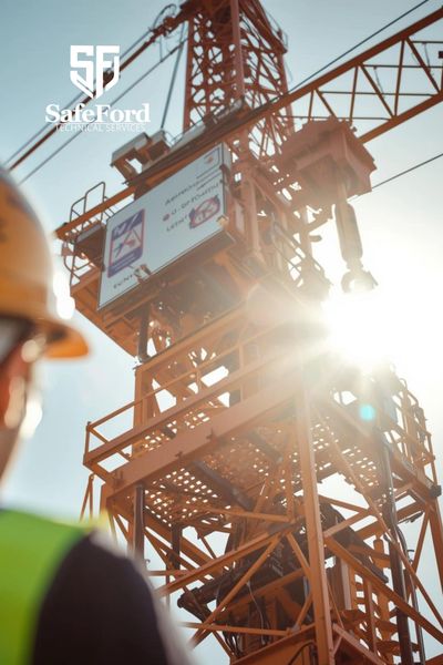 Construction worker observing a tall crane at a site during sunny weather.