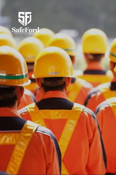 Group of workers in yellow helmets and safety gear from SafeFord Technical Services.