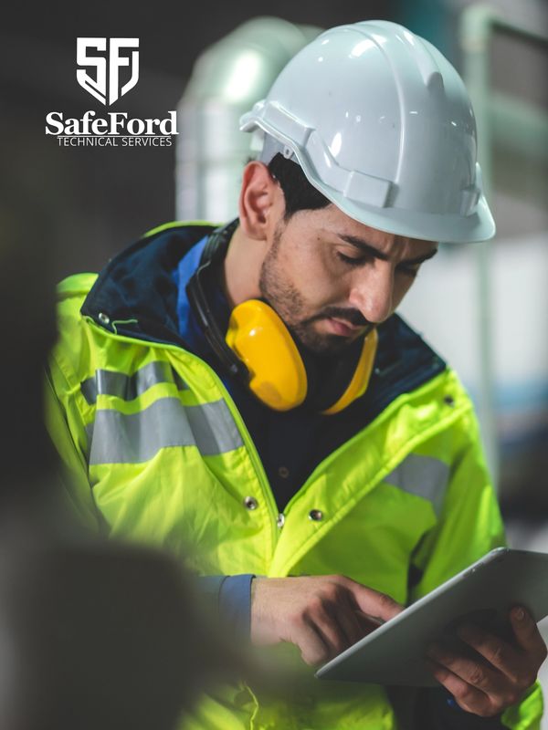 Engineer in safety gear using a tablet at SafeFord Technical Services.
