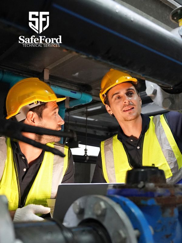 Two engineers in yellow helmets and vests inspecting industrial pipes.
