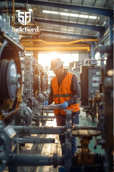 Engineer in safety gear inspecting machinery in an industrial facility with SafeFord logo.
