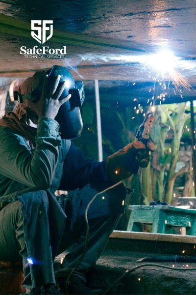 Welder at work under a large metal structure with sparks flying.