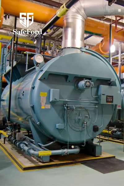 Industrial boiler with natural gas piping in a technical facility.