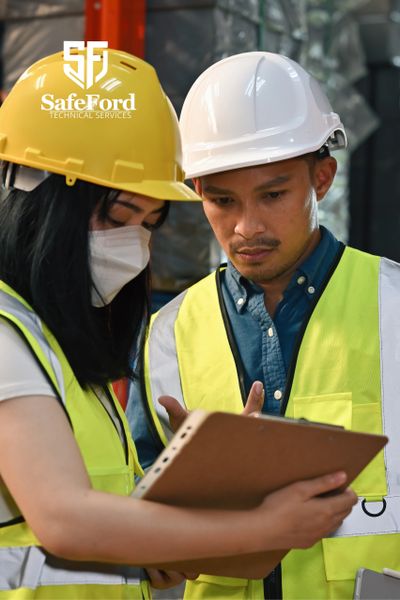 Two construction workers in helmets reviewing a clipboard on site.